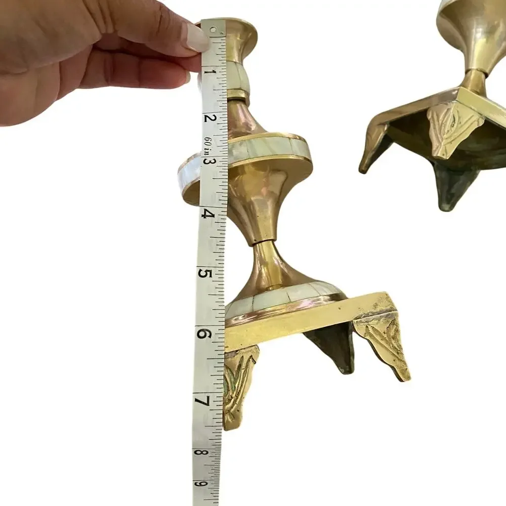 Set of TWO Heavy Brass Candlestick Holders Adorned with Mother of Pearl Shells